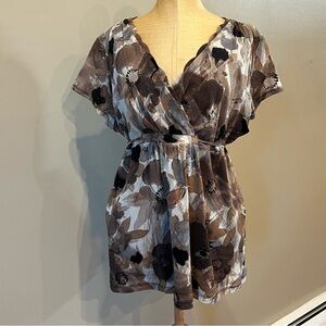 3 Y2K Babydoll Tops Floral Sheer Overlay Tie Back Rusched Front Lg Short‎ Sleeve